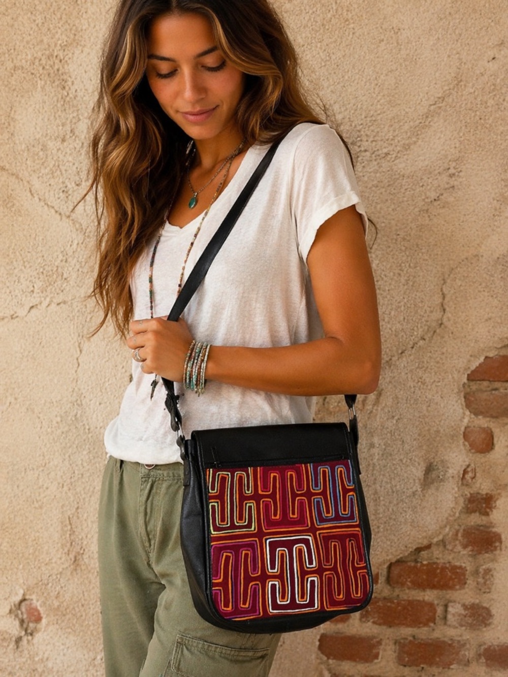 Lord Jim Crossbody Messenger Bag Leather Embroidered Textile Boho Artisan Bag